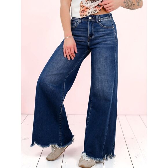 Risen Jeans Denim - Risen High Rise Dark Wash Wide Leg Raw Hem Stretch Denim Jeans NWT